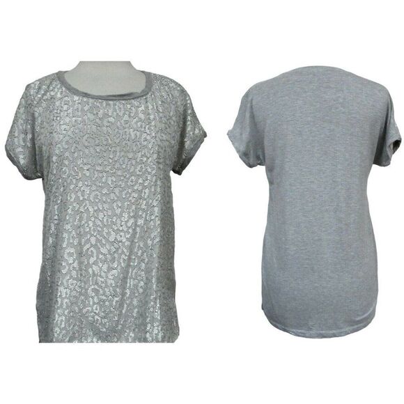 Chico's Metallic Front Hi-Low Pullover Short Sleeve Top Sz 1 S-M Gray Silver - Picture 1 of 7